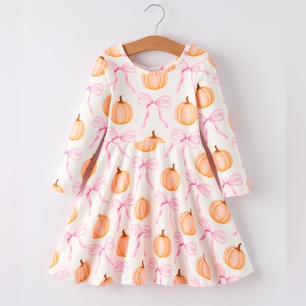 🎃 Rylee Faith Designs Toddler Girl Bow Pumpkin Long Sleeve Dress 2 3 4 5 6 7 8